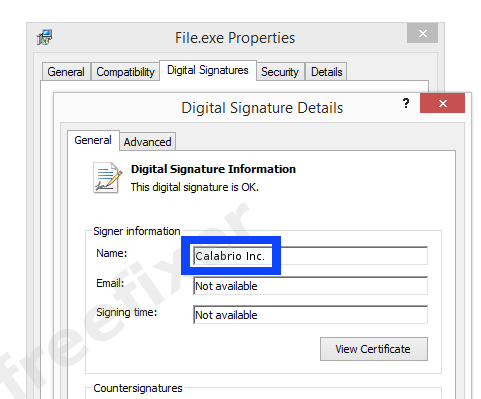 Screenshot of the Calabrio Inc. certificate